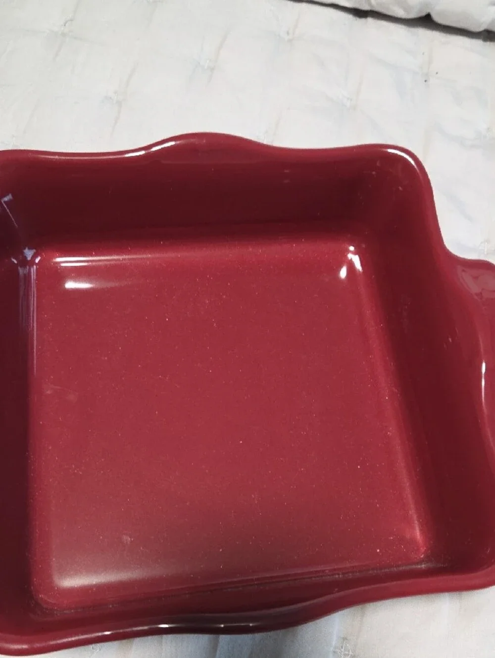 Emile Henry, 8x8 Square Ceramic Baking Dish in Deep Wine Red, Ruffled Edge